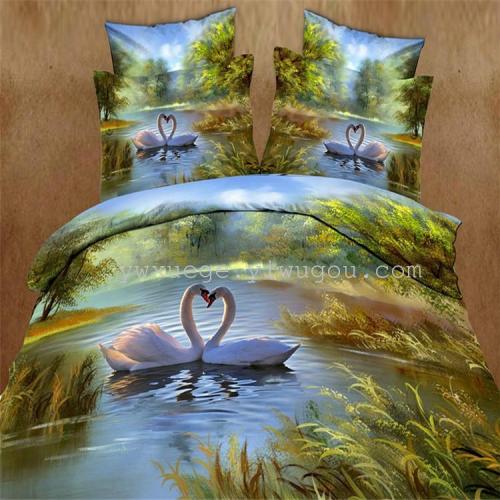 Foreign Trade Pattern Twill Active Printed Four-Piece Bedding Set Factory Direct Sales Osaka Flower Swan Lake Kit