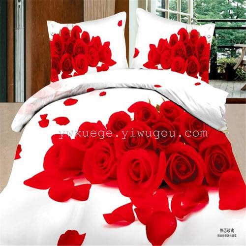 Snow Pigeon Twill 3D Large Flower Active Printing Bedding Four-Piece Set Factory Direct Sales-_-Love Rose