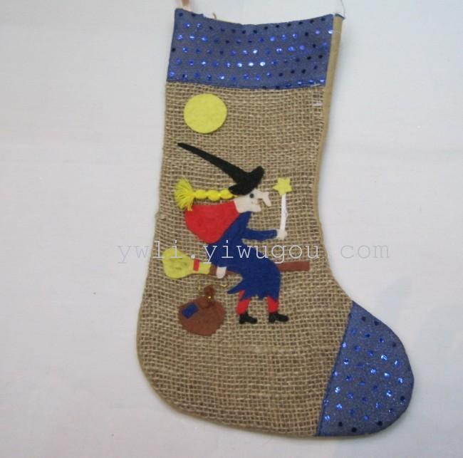 巫婆麻布圣诞袜 鬼节麻布袜  巫婆礼品袜