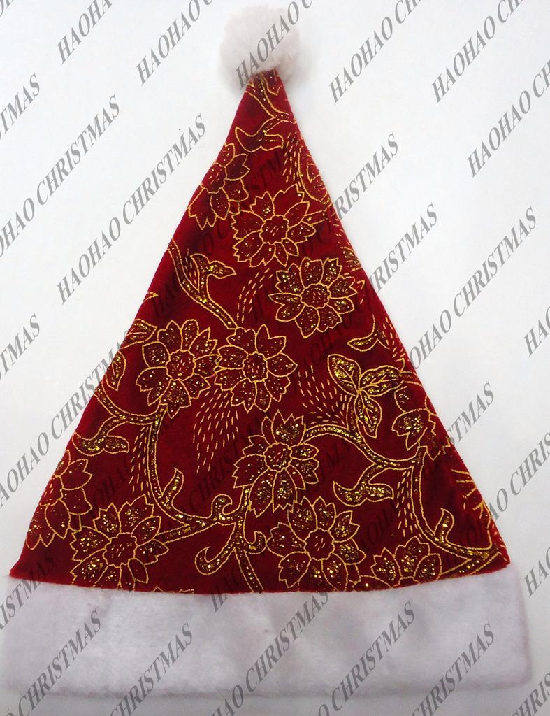 大红短毛绒金丝绒烫金圣诞花帽