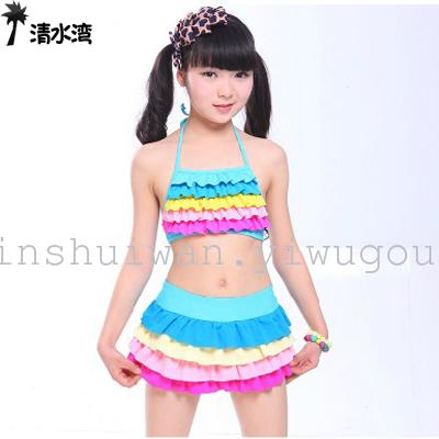 夏季韩版新款名师设计儿童泳衣 女童彩虹比基尼三件套游泳衣