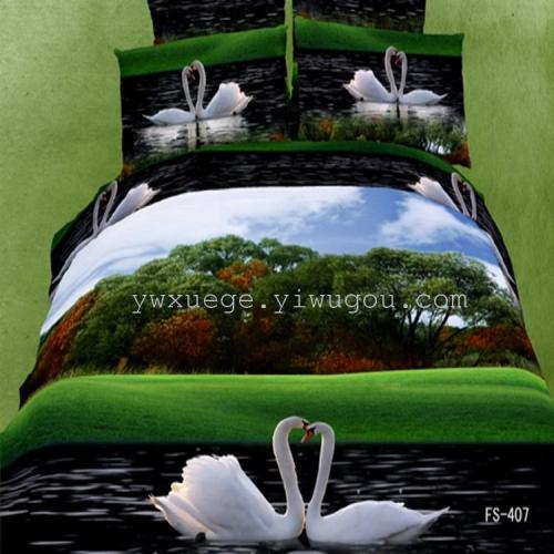 Foreign Trade Bedding Four-Piece Set Personalized Cotton 3D Ink Painting Four-Piece Set Swan Lakeside Factory Direct Sales