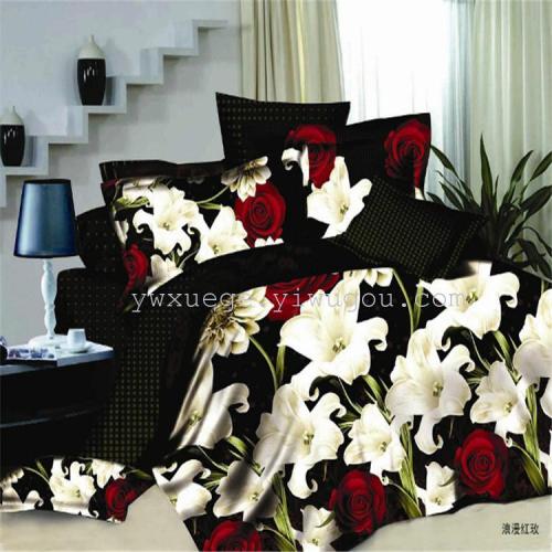 Bedding Polyester Cotton Four-Piece Foreign Trade Four-Piece Set Series Active Printing and Dyeing Snow Pigeon Romantic Red Rose 