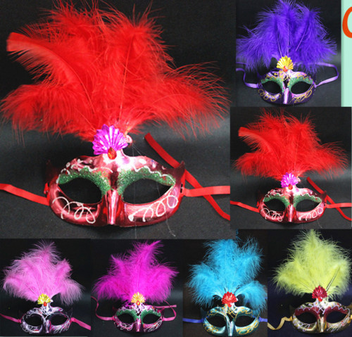 Factory Hot Sale Exquisite Five Fluff Masquerade Show Children Women‘s Feather Painted Plastic Mask