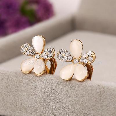 Five petal flower cushion opal earrings non-pierced ear clip girl Korea cute fashion earrings