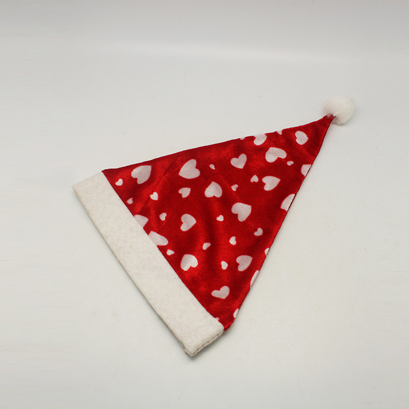 大红绒布印白色桃心普通圣诞帽