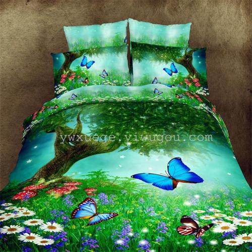 Active Printed Four-Piece Bedding Set Warm Bed Sheet Quilt Cover Bedding 3D Twill Large Flower Factory Direct Sales --- Butterfly