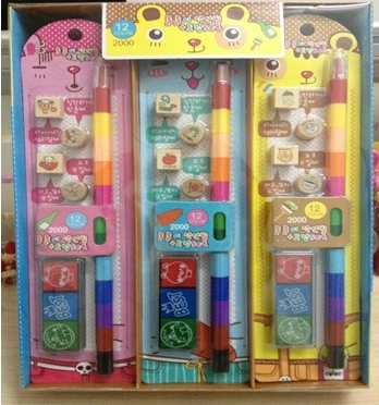 genius password cute cartoon wooden seal/crayon combination stationery set novelty student prize