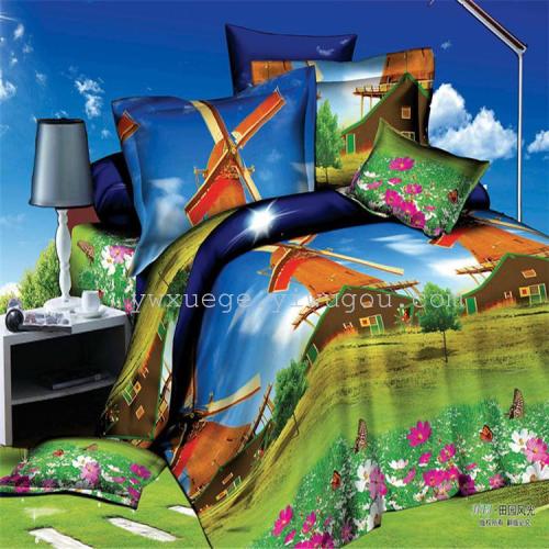 Foreign Trade Export Winter Genuine Polyester Cotton 3D Dispersion Active Printing Four-Piece Bedding Set Factory Direct Sales --- Pastoral Scenery
