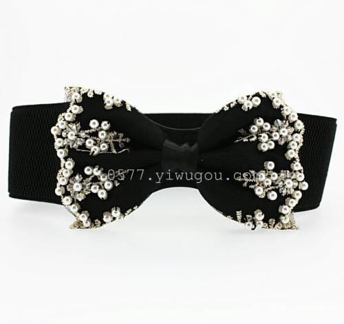 All-Match Fashion Sweet Bow Black and White Pearl Lace Lady Fashion All-Match Waist Seal 334