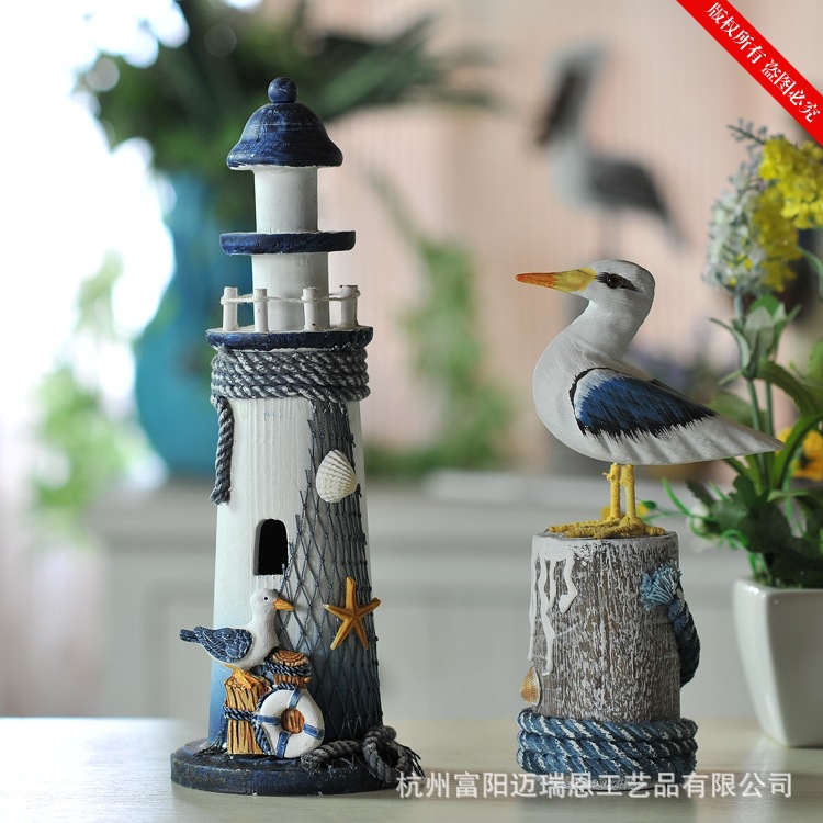 灯塔 带鸟木灯塔模型地中海手工木制模型MA16029-28A