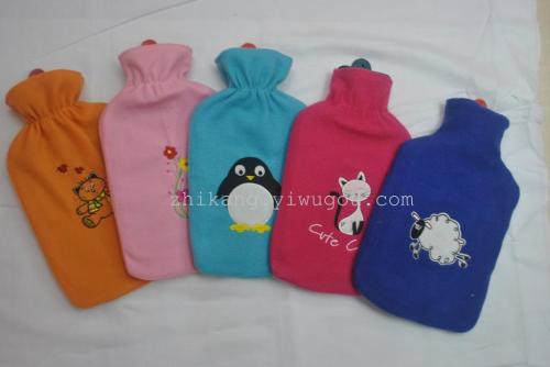 2 l solid color embroidered elastic mouth cloth cover flannel water injection rubber hot water bag multi-color mixed