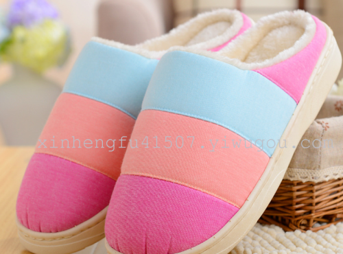 New Striped Stitching Warm Cotton Slippers Couple‘s Household Wool Cotton Slippers in Stock Wholesale 8026