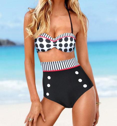 Bikini Foreign Trade New Cover Your Belly with High Waist Gather Thin Black and White Polka Dot Split Swimsuit Nylon Quality Factory Direct