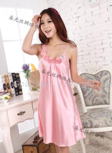 New Nightdress Sexy Cute Flowers Chiffon Artificial Silk Seductive Ladies Strap Lace Short Night Dress Women‘s Pajamas