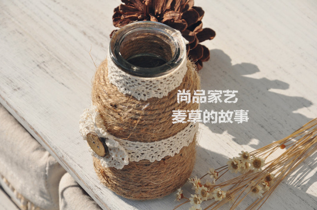简欧现代白色麻绳透明花瓶 水培花器 客厅装饰玻璃花瓶