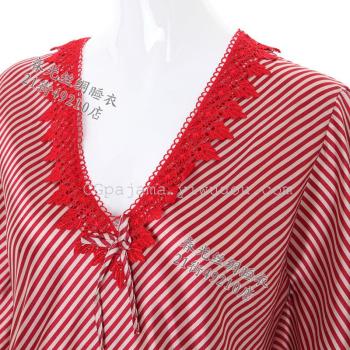 外贸新品仿真丝睡衣长睡裙条纹高端欧洲宫廷风