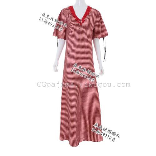 Foreign Trade New Product Imitated Silk Pajamas Long Nightdress Striped High-End European Court Style Arabic plus-Sized Nightgown