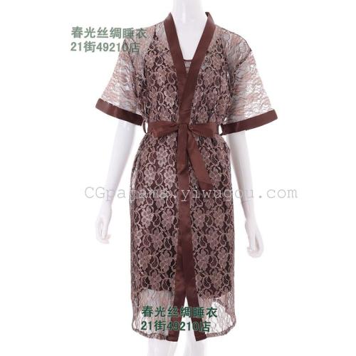 Imitated Silk Pajamas Summer Women‘s Mesh Lace Flowers Noble Sexy and Breathable Slip Nightdress Foreign Trade Two-Piece Set Spot