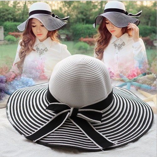 new black and white spring and summer women‘s hat bow big brim straw hat beach hat sun hat big brim korean fashion hat