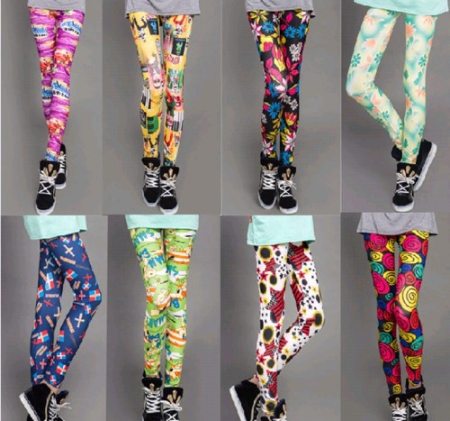 Spring and Autumn New Korean Fashion Printed Graffiti Cropped Skinny Slim Looking Stretch Leggings 18 Colors