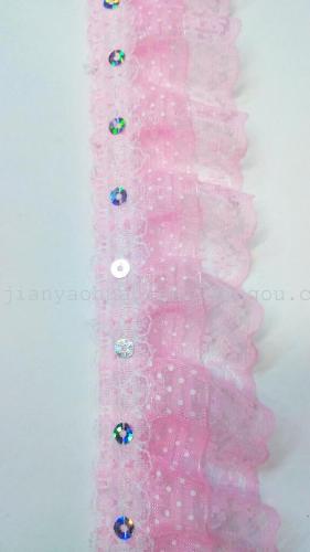 The Color Is Complete， Popular 8 Points Printed Small White Dots Yarn Strip plus 4.5cm Lace Wrinkle Sequins