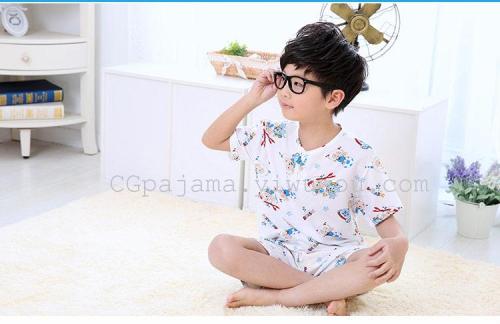 Children‘s Poplin Pajamas Suit Summer Boys‘ Short-Sleeved Shorts Home Wear Air Conditioning Clothes Cotton Silk Kid Boy Spot
