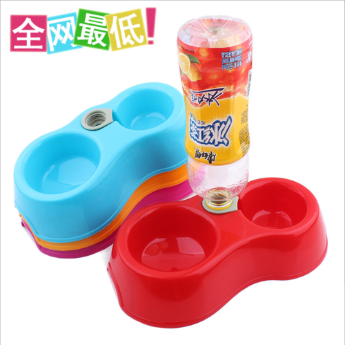 plastic pet double bowl dual-purpose pet bowl with drinking mouth automatic drinking dog food pet bowl