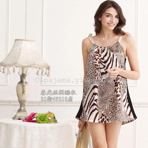 spring and summer sexy leopard lace artificial silk nightdress foreign trade suspender skirt two-piece pajamas