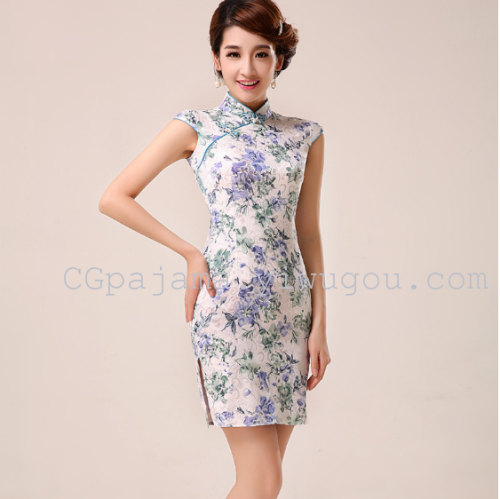 Fashion Best-Seller Photo Performance Dress Summer Stand Collar Short Cotton Cheongsam Dress Wholesale