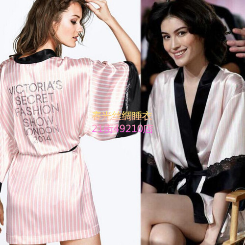 Summer Victoria Secret Short Sleeve Silk-like Sexy Lace Striped Letters Rhinestone Women‘s Nightgown Pajamas