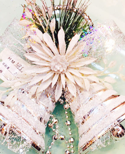 2015 圣诞挂件 银白条纹双铃铛圣诞花圈