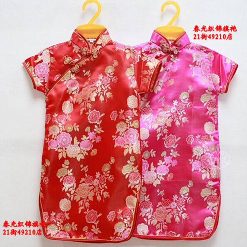 summer new peony flower diagonal traditional dress cheongsam dress tang suit children‘s clothing cheongsam