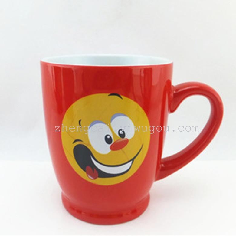 11盎司色釉卡通陶瓷杯 笑脸杯 红釉陶瓷杯子