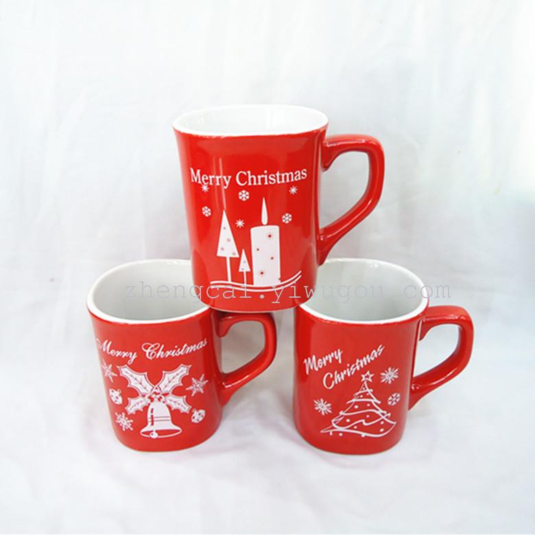 厂家供应陶瓷杯 马克杯 红釉四方杯 圣诞杯子