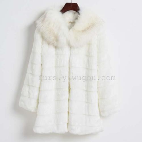 White Cut Groove Rabbit Fur Coat Fox Fur Green Fruit Collar Leather Fur Coat Fur Clothes Wholesale