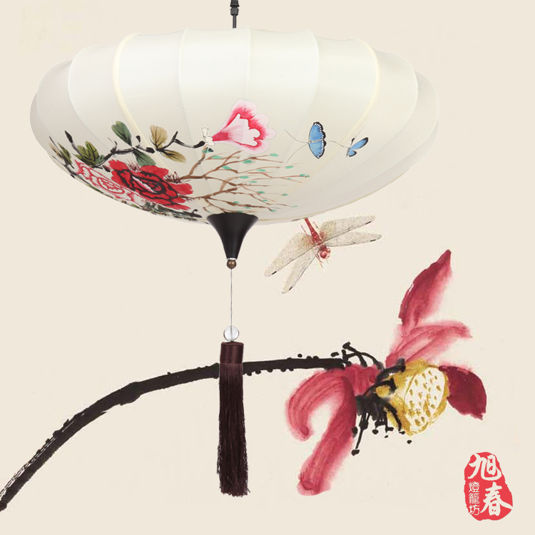 旭春手绘中秋节日布灯笼古典木制家具灯仿古吊灯