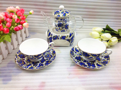 Glass pot ceramic cup plate ceramic base set 2 cups plate