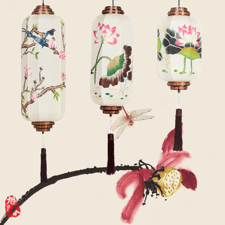 旭春小号手绘中秋节日布灯笼古典木制家具灯仿古吊灯