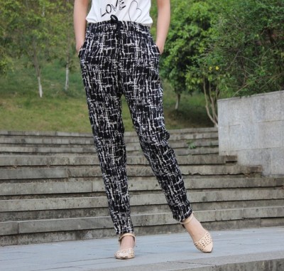 Thin print Korean female loose harem pants trousers size elastic waist guard Pant