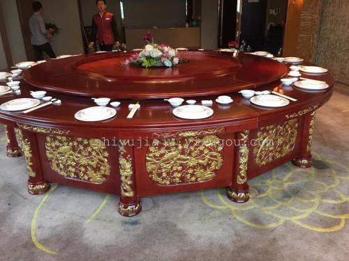 luxury electric solid wood dining table carved dragon gold foil luxury dining table