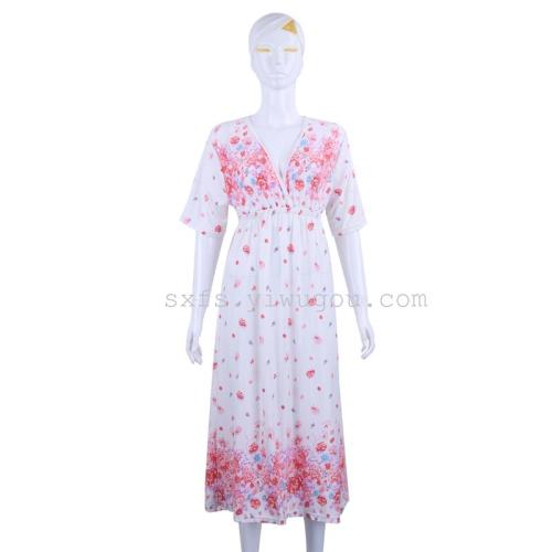 Long Dress Women‘s Cotton Loose Korean Style Short Sleeve Nightdress Long Home Wear Sexy