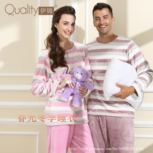 winter new flannel couple long sleeve homewear suit thickened men‘s and women‘s coral fleece pajamas