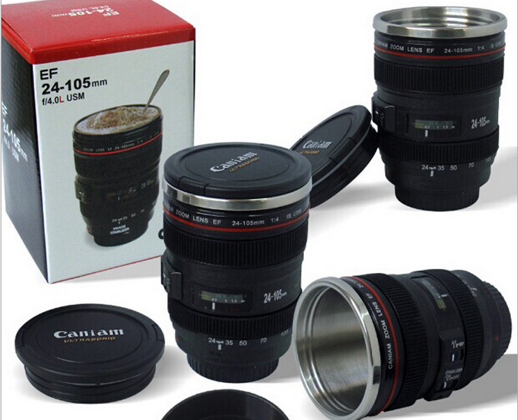 佳能二代镜头杯 平盖镜头杯 不锈钢内胆杯 水杯