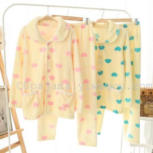 autumn and winter women‘s love sweet warm thick coral flannel pajamas homewear suit
