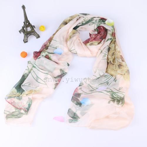 Xian Mu Xian Mu Korean Style New Summer Beach Silk Scarf Printed Chiffon Long Scarf Thin Imitation Silk 