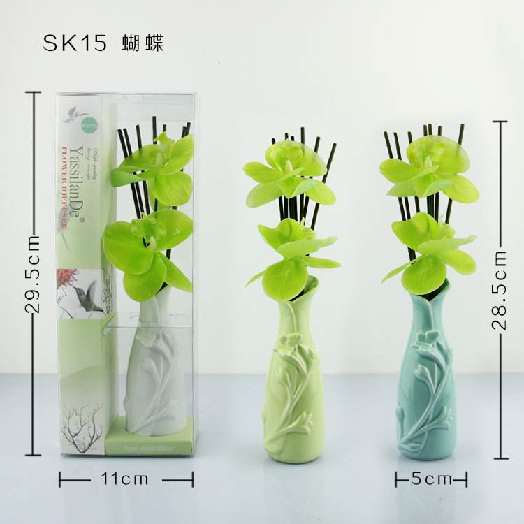 SK15蝴蝶 青瓷瓶香薰无火房间香薰塑料花藤条50ml精油