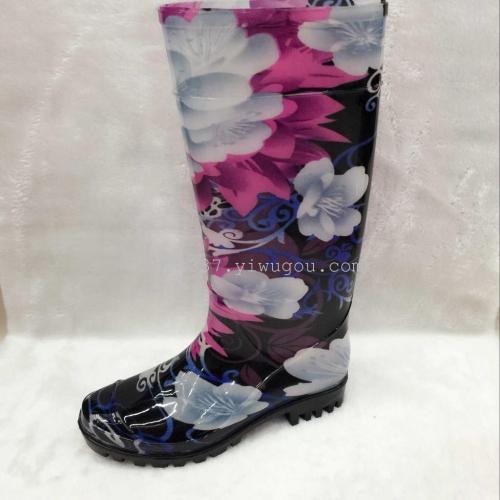 foreign trade women‘s high peony crystal non-slip rain boots