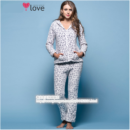 New Winter Leopard Print Women‘s Zipper Cardigan Coral Fleece Home Wear Flannel Pajamas Suit