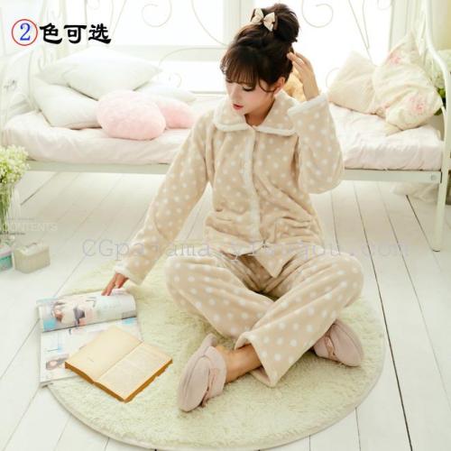 Korean Style Women‘s Suit Winter Thickened Coral Velvet Home Wear Cute Polka Dot Pajamas